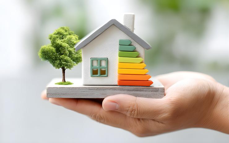 Hand hält Modellhaus mit Grafik des Energieverbrauchs.
